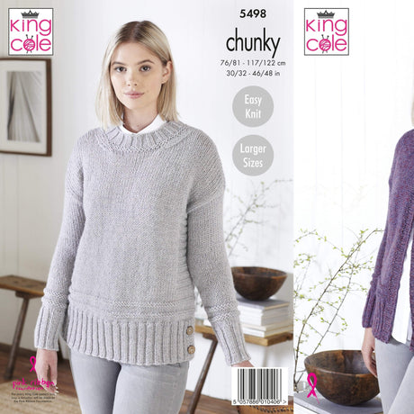 King Cole Patterns King Cole Ladies Easy Knit Sweater and Cardigan Chunky Knitting Pattern 5498