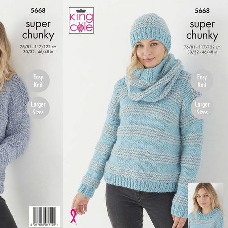 King Cole Patterns King Cole Sweater, Hat and Cowl Super Chunky Knitting Pattern 5668