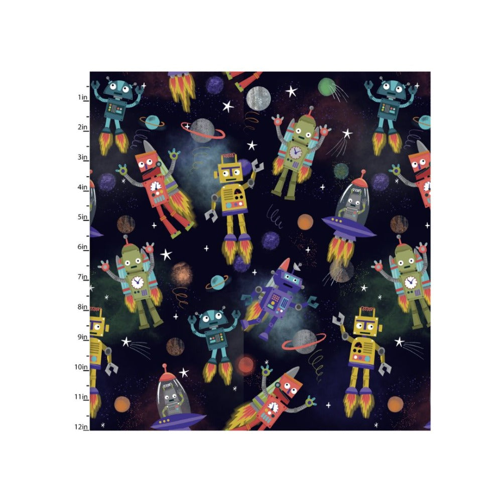 Whirl, Whizz, Zip & Rip Space Bots Fabric