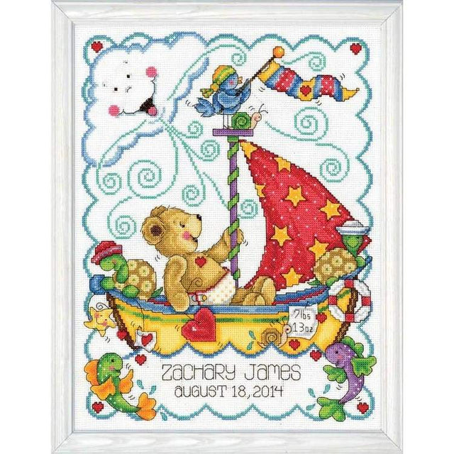 Wool n Stuff Craft Sail Away Baby Birth Record Counted Cross Stitch Kit-11"X14" 14 Count